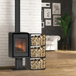 Poêle à bois Domino avec pied et range bûches 3 étages – 8,5 Kw